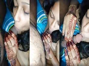 Young and beautiful wife gives blow job to her husband after their marriage